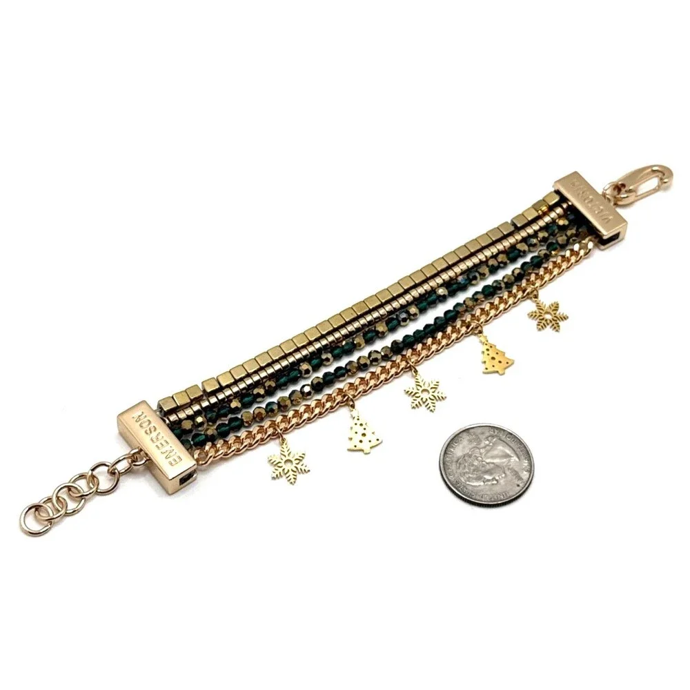 Victoria Emerson Multi Strand Bracelet Green Bead Christmas Tree Star Charms 7.5